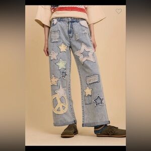 Bluevelvet Star & Peace Sign Patchwork Jeans